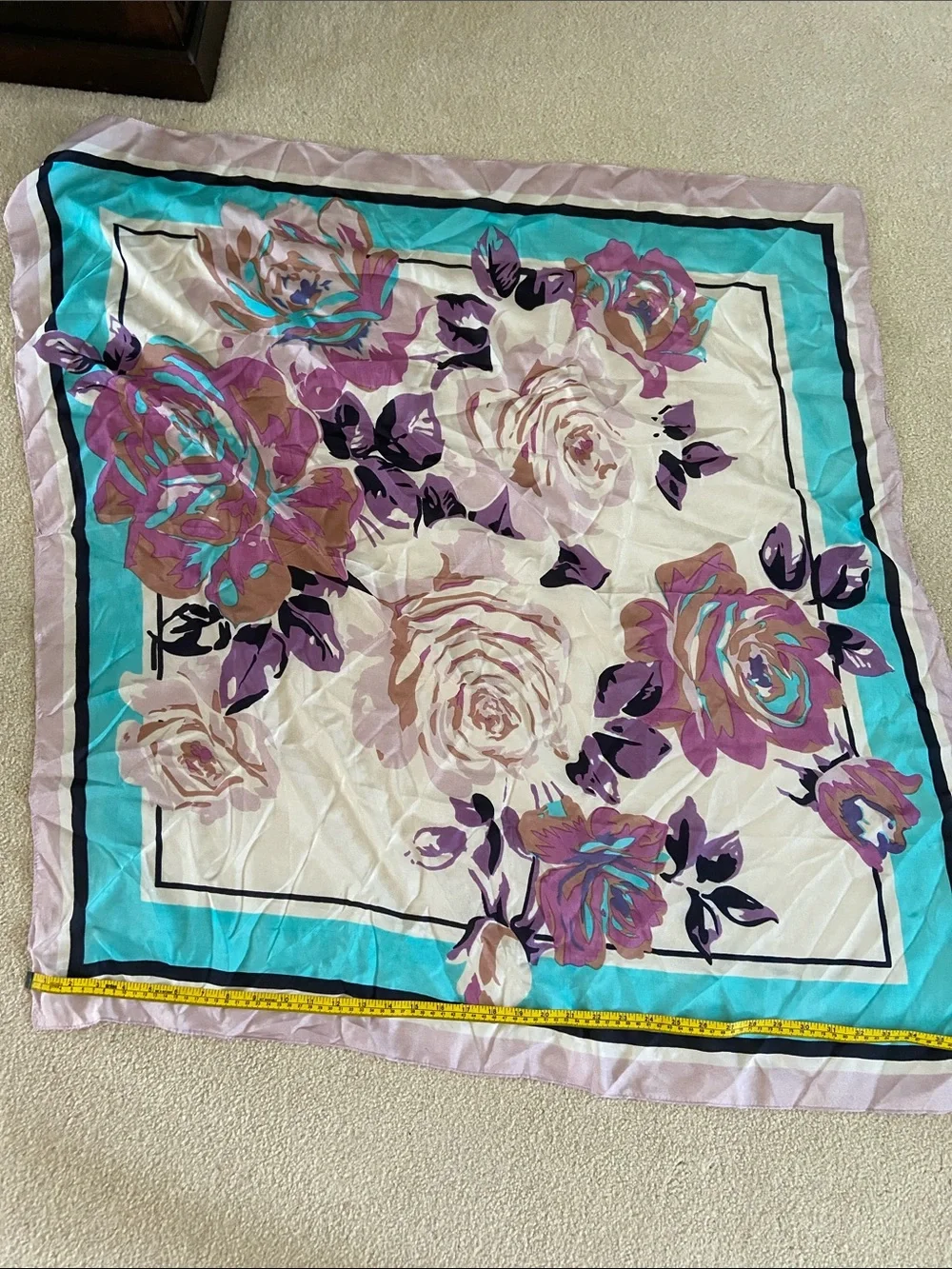 Pier One Floral 100% Silk Scarf with Teal and Purple Accents